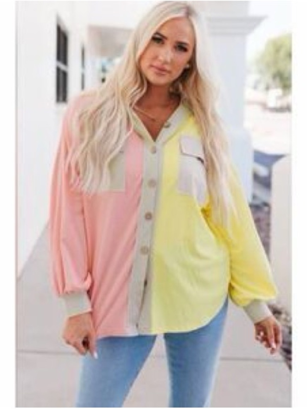 Two-Tone Button-Front Blouse - Pink & Yellow Size XL